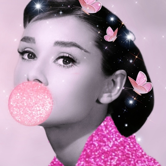 Marilyn Monroe and Audrey Hepburn glittered Pink Bubble Gum Pink Poster Art - Picture 2 of 3